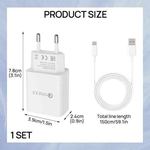 18W Chargeur Rapide avec Câble Type C 1,5M,Chargeur USB-c Compatible Xiaomi Note9,Samsung,Oppo,Google,Motorola,Realme,HTC,Sony,Chargeur Type c, pour Honor Lite, Huawei Lite – Image 3