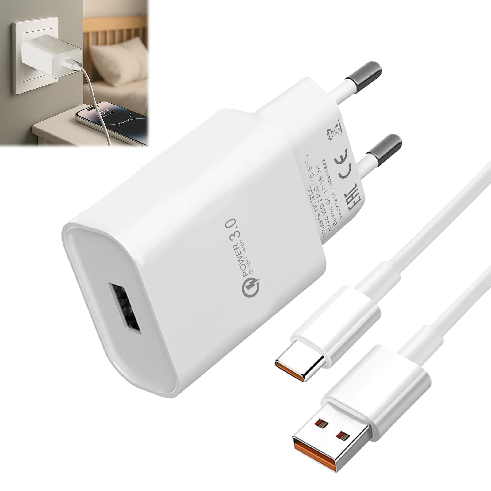 18W Chargeur Rapide avec Câble Type C 1,5M,Chargeur USB-c Compatible Xiaomi Note9,Samsung,Oppo,Google,Motorola,Realme,HTC,Sony,Chargeur Type c, pour Honor Lite, Huawei Lite