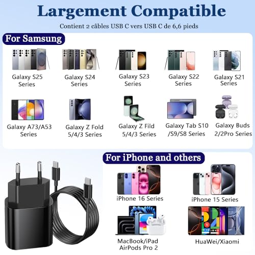 2Pack 25W Chargeur USB C avec 2 Câbles de 2M,Charge Rapide pour Samsung Galaxy S25/S24/S23/S22/S21 Ultra/S21+/S20/Note20/S10/S9,iPhone 16 Pro Max/15 Plus/iPad Pro,Adaptateur Secteur – Image 5