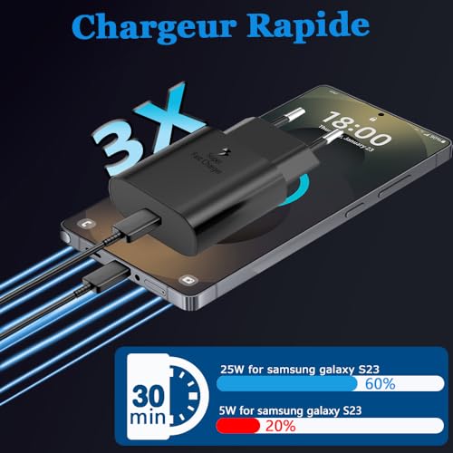 2Pack 25W Chargeur USB C avec 2 Câbles de 2M,Charge Rapide pour Samsung Galaxy S25/S24/S23/S22/S21 Ultra/S21+/S20/Note20/S10/S9,iPhone 16 Pro Max/15 Plus/iPad Pro,Adaptateur Secteur – Image 6