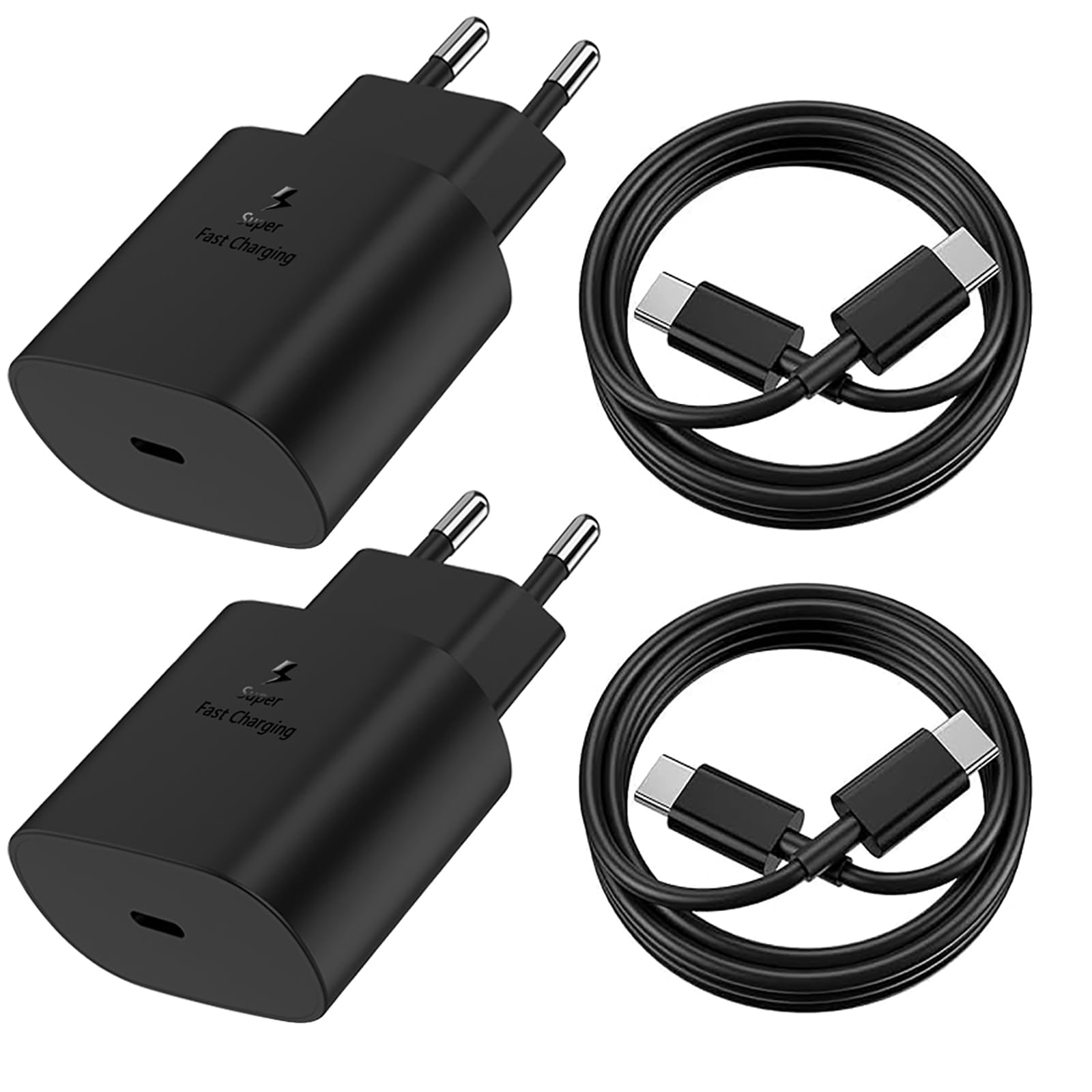 2Pack 25W Chargeur USB C avec 2 Câbles de 2M,Charge Rapide pour Samsung Galaxy S25/S24/S23/S22/S21 Ultra/S21+/S20/Note20/S10/S9,iPhone 16 Pro Max/15 Plus/iPad Pro,Adaptateur Secteur
