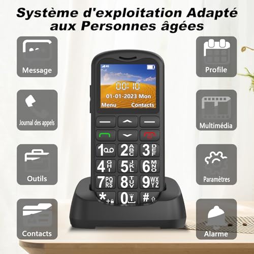 4G Téléphone Portable Senior Débloqué avec Grandes Touches | 1.8" LCD Écran | Haut Volume | Telephone pour Personne Agées avec Bouton SOS | Radio FM| Lampe Torche | Station de Charge | Fente Nano SIM – Image 3