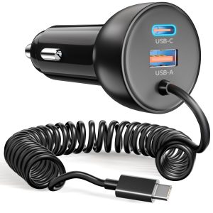 75W Allume Cigare USB C, 2-Port Prise Chargeur Voiture USB C/A Adaptateur 12V Charge Rapide + Spiralé Câble 1.2M pour iPhone 17 16 16e 15 Pro Max, iPad, Samsung Galaxy S25 S24, Pixel, Automobile