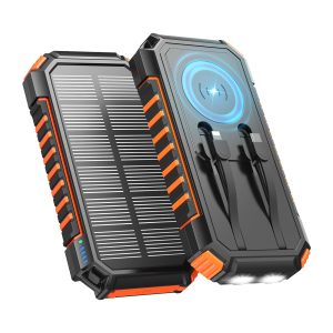 A ADDTOP Batterie Solaire 27000mAh – Chargeur Solaire PD/QC 3.0 22,5W, Banque d’Énergie pour 6 Appareils avec Charge sans Fil, 2 Câbles Intégrés et 2 Lampes LED pour Téléphone et Tablette Camping