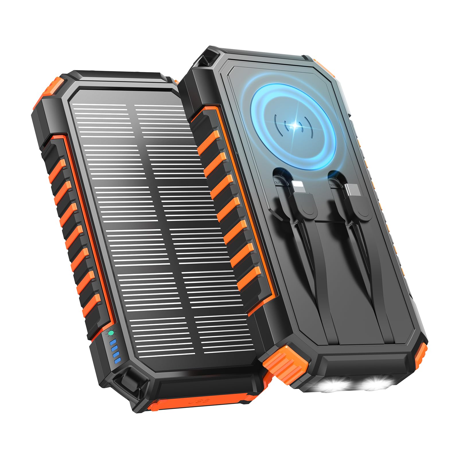 A ADDTOP Batterie Solaire 27000mAh – Chargeur Solaire PD/QC 3.0 22,5W, Banque d’Énergie pour 6 Appareils avec Charge sans Fil, 2 Câbles Intégrés et 2 Lampes LED pour Téléphone et Tablette Camping