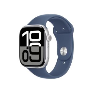 Apple Watch Series 10 (46 mm GPS + Cellular) Montre connectée avec Boîtier en Aluminium Argent et Bracelet Sport Denim (S/M). Suivi de l’activité Physique, app ECG, écran Retina Toujours activé