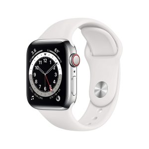 Apple Watch Series 6 (GPS + Cellulaire, 40MM) Boîtier en Acier Inoxydable Argent avec Bracelet Sport Blanc (Reconditionné)