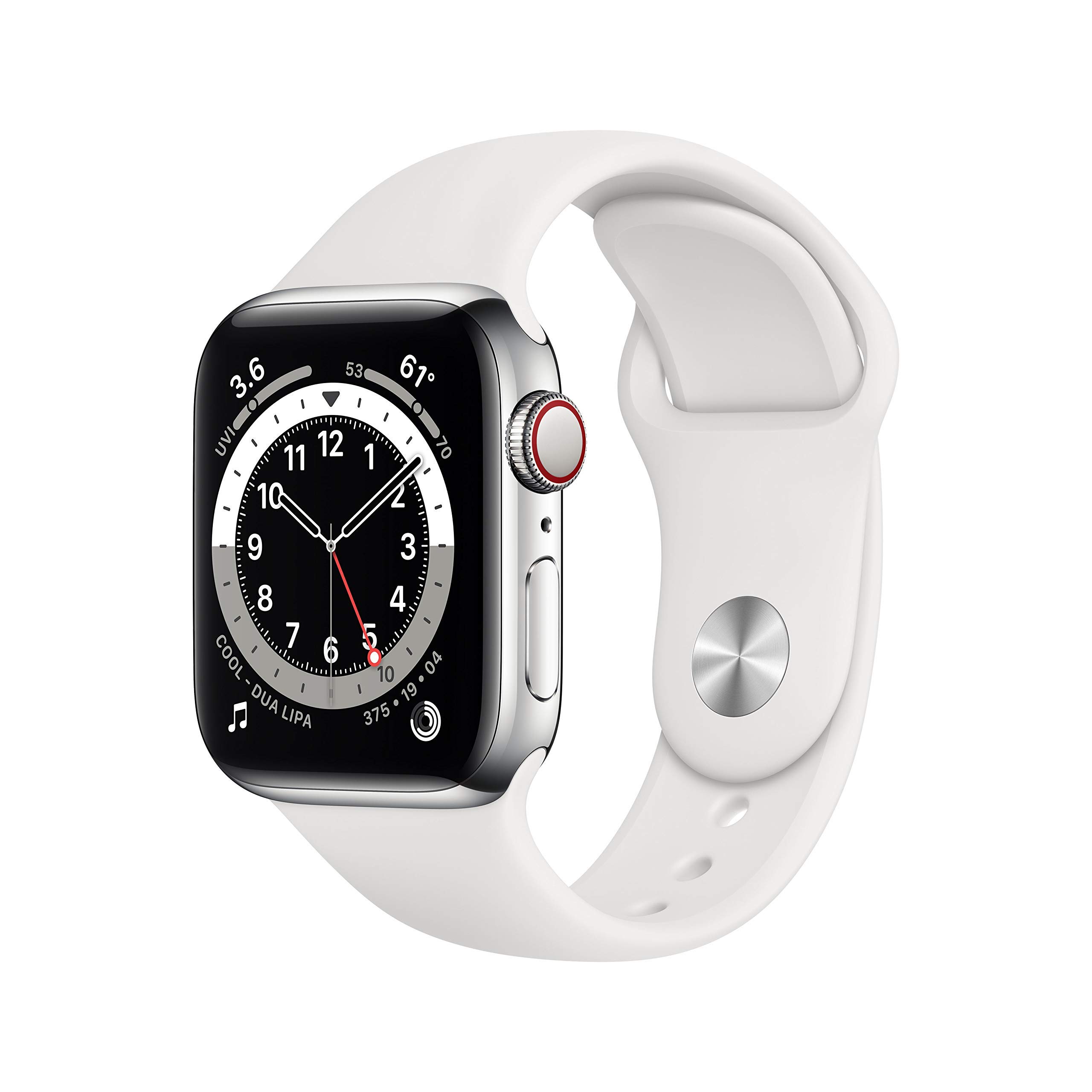 Apple Watch Series 6 (GPS + Cellulaire, 40MM) Boîtier en Acier Inoxydable Argent avec Bracelet Sport Blanc (Reconditionné)