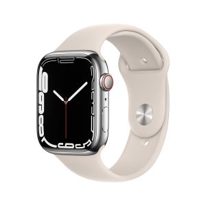 Apple Watch Series 7 (GPS + Cellulaire, 45MM) Boîtier en Acier Inoxydable Argent avec Bracelet Sport Lumière Stellaire (Reconditionné)