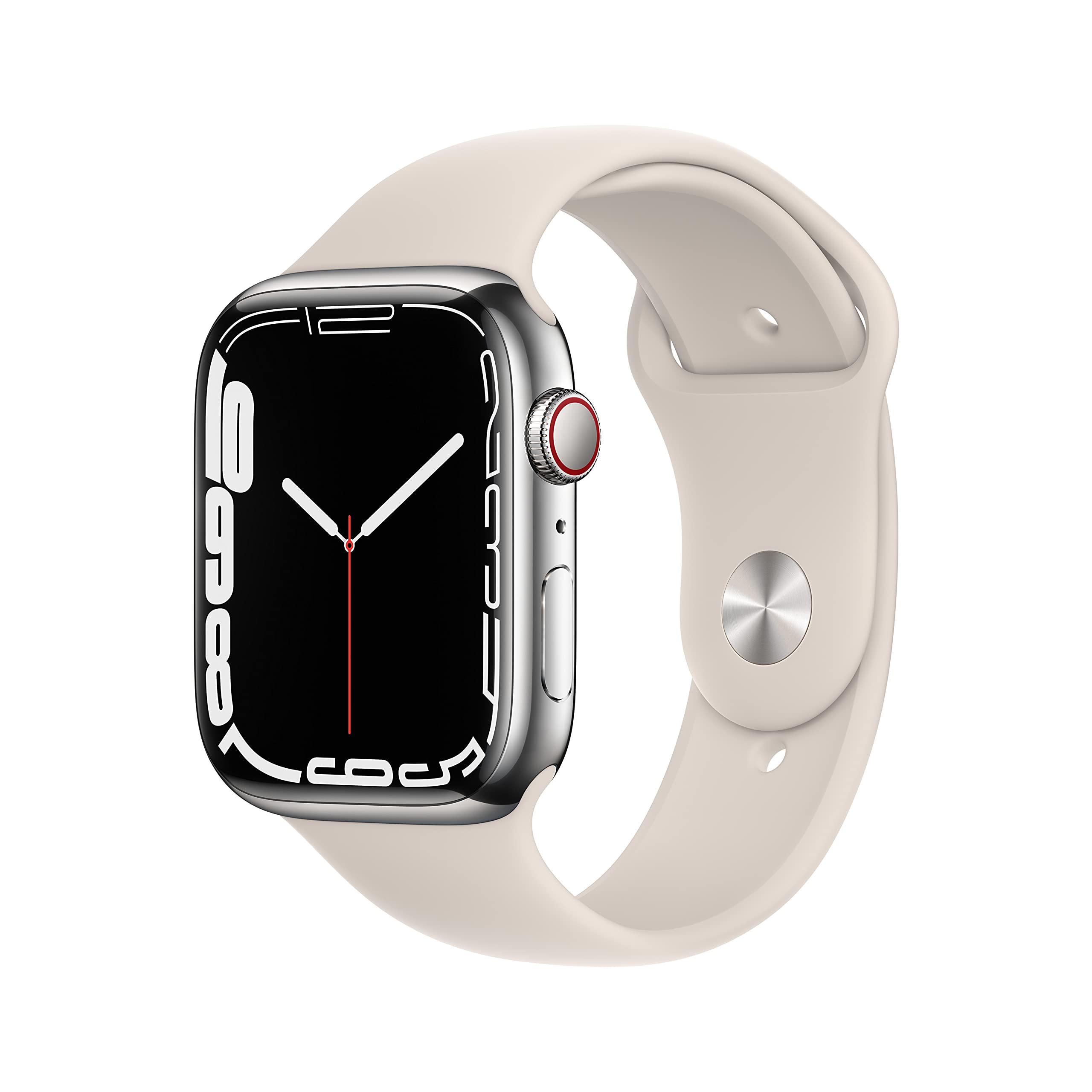 Apple Watch Series 7 (GPS + Cellulaire, 45MM) Boîtier en Acier Inoxydable Argent avec Bracelet Sport Lumière Stellaire (Reconditionné)
