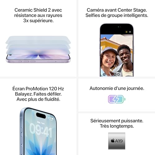 Apple iPhone 17 256 Go : Écran 6,3 pouces avec ProMotion, Puce A19, Caméra avant Center Stage, Meilleure résistance aux rayures, Autonomie d’une journée ; Lavande – Image 5