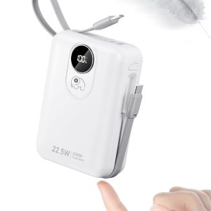 Batterie Externe 20000mAh avec Câble intégré : 22.5W Power Bank à Charge Rapide pour téléphone Portable, Batterie USB C (Input & Output), Chargeur Portable avec 4 Sorties et 2 entrées- Blanc