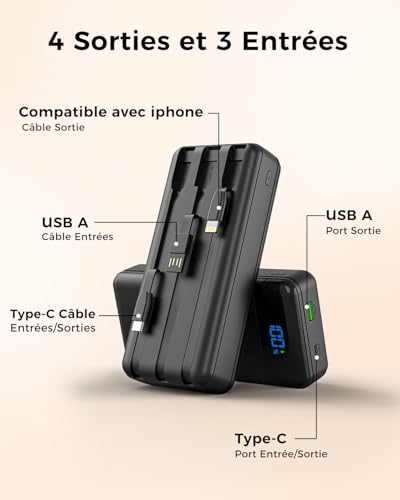 Batterie Externe 27000mAh, PD 20W Power Bank Chargeur Rapide avec 3 Câbles Intégrés, 4 Sorties et 2 Entrées Portable PowerBank Compatible avec iPhone Séries, Tablettes, Etc. – Image 3