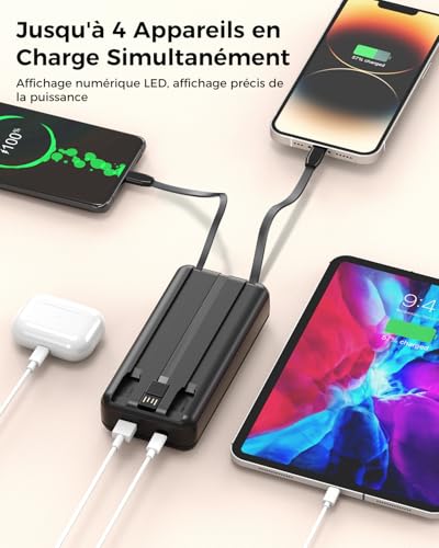 Batterie Externe 27000mAh, PD 20W Power Bank Chargeur Rapide avec 3 Câbles Intégrés, 4 Sorties et 2 Entrées Portable PowerBank Compatible avec iPhone Séries, Tablettes, Etc. – Image 4