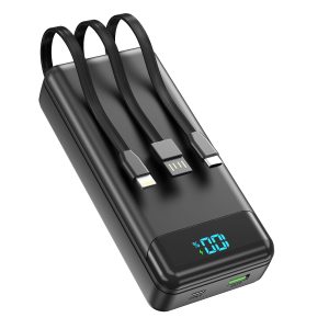 Batterie Externe 27000mAh, PD 20W Power Bank Chargeur Rapide avec 3 Câbles Intégrés, 4 Sorties et 2 Entrées Portable PowerBank Compatible avec iPhone Séries, Tablettes, Etc.