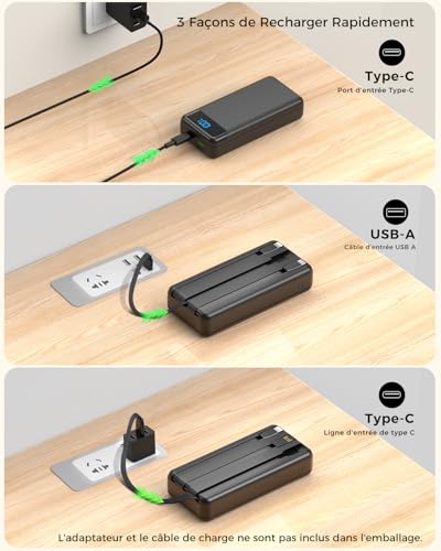 Batterie Externe 27000mAh, PD 20W Power Bank Chargeur Rapide avec 3 Câbles Intégrés, 4 Sorties et 2 Entrées Portable PowerBank Compatible avec iPhone Séries, Tablettes, Etc. – Image 7