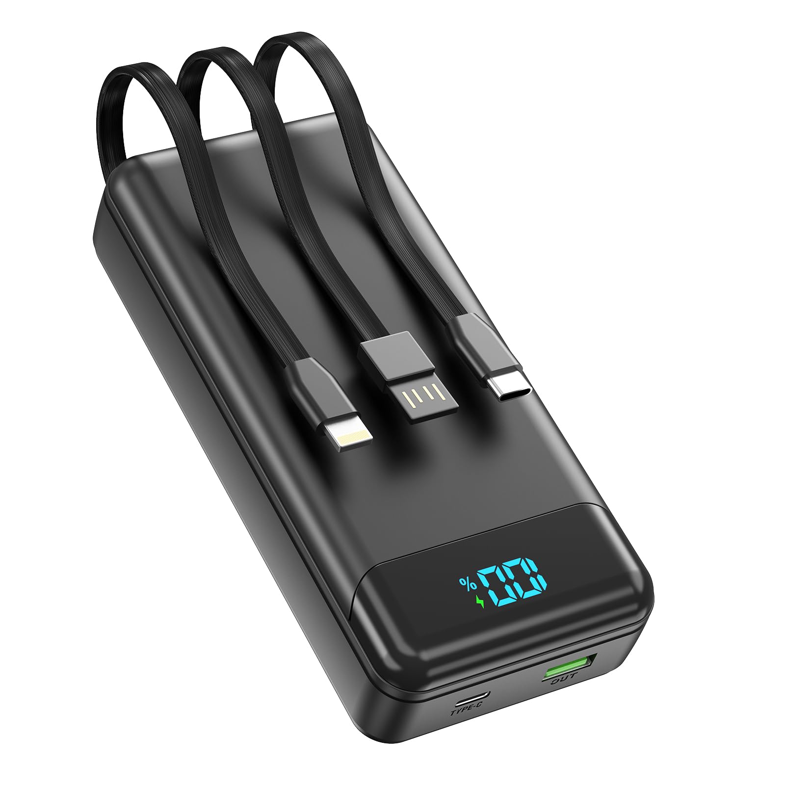 Batterie Externe 27000mAh, PD 20W Power Bank Chargeur Rapide avec 3 Câbles Intégrés, 4 Sorties et 2 Entrées Portable PowerBank Compatible avec iPhone Séries, Tablettes, Etc.