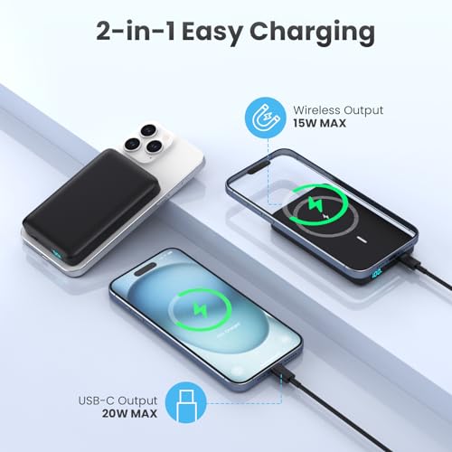 Batterie Externe Magnétique sans Fil 10800mAh, PD 20W Charge Rapide Power Bank Mag-Safe avec USB-C Entrée & Sortie écran LED Chargeur Portable Compatible avec iPhone 16/15/14/13 Serie - Nior – Image 6