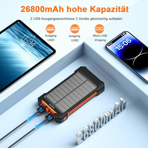 Batterie Externe Solaire 26 800 mAh avec Support à Ventouse, Chargeur Solaire 3 Ports pour Une Charge Rapide de 15 W, avec Lampe Torche/SOS/Stroboscope, Batterie Externe étanche pour Téléphone – Image 3