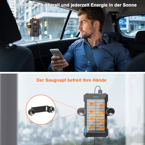 Batterie Externe Solaire 26 800 mAh avec Support à Ventouse, Chargeur Solaire 3 Ports pour Une Charge Rapide de 15 W, avec Lampe Torche/SOS/Stroboscope, Batterie Externe étanche pour Téléphone – Image 4