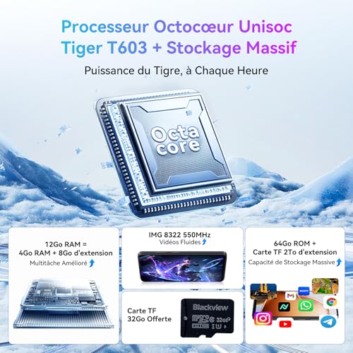 Blackview Wave 9C Telephone Portable Pas Cher avec Coque 360° Rotatif 12Go+64Go / 2To TF, 6,56" IP54 Android 15 Smartphone Débloqué 4G Dual SIM, 5000mAh 13MP Téléphone 4G, GPS,OTG, 2 Ans Garantie – Image 5