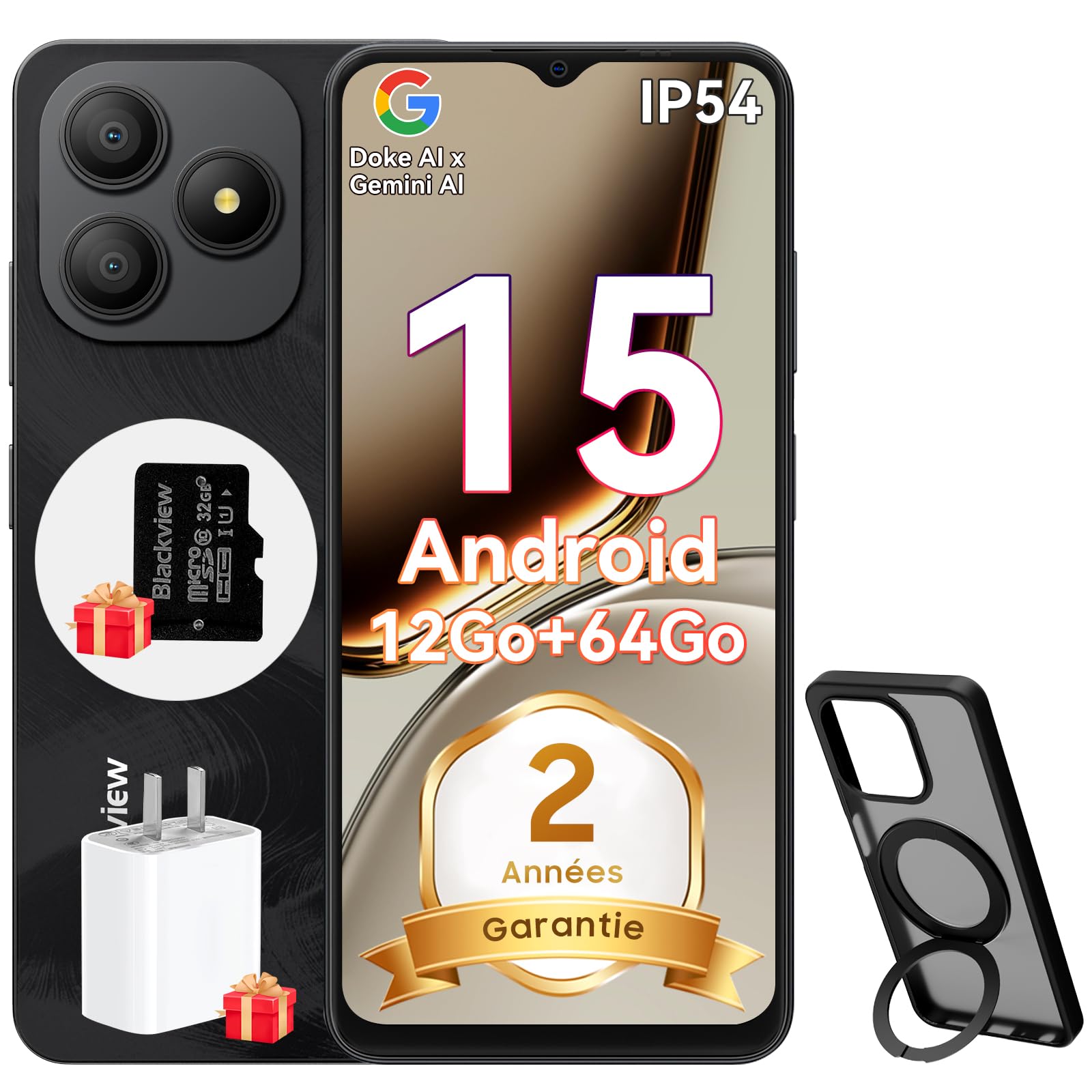 Blackview Wave 9C Telephone Portable Pas Cher avec Coque 360° Rotatif 12Go+64Go / 2To TF, 6,56" IP54 Android 15 Smartphone Débloqué 4G Dual SIM, 5000mAh 13MP Téléphone 4G, GPS,OTG, 2 Ans Garantie