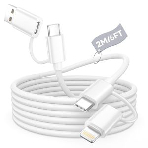 Cable iPhone Charge Rapide 2M, 4-en-1 Câble Multi USB avec Câble Lightning/Cable USB C, câble USBC usb Cordon Telephone Portable Fil Chargeur pour Apple iPhone 17/16/15/14/13/12/X,iPad,Samsung,AirPods