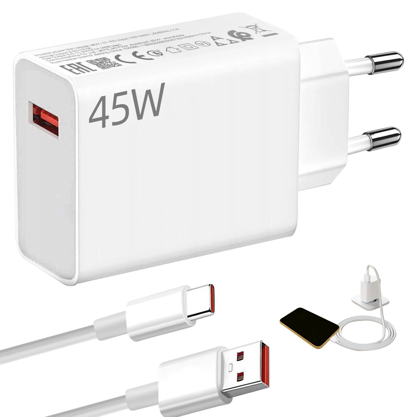 Chargeur 45W pour Xiaomi, 45W Chargeur pour Redmi Charge Rapide Turbo avec Câble USB C 1m Compatible avec Xiaomi Pad 6 5 Pad Pro Redmi Note 14 Note 13 Note 12S Note 12 POCO Pad POCO M6 Mi 10T