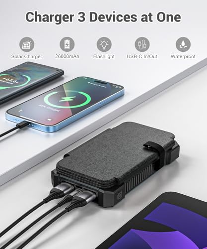Chargeur Solaire 26800 mAh avec 4 Panneaux Solaires, Batterie Externe Solaire étanche avec Charge Rapide USB-C 18W pour Téléphones Portables, Tablettes, Ordinateurs. – Image 3