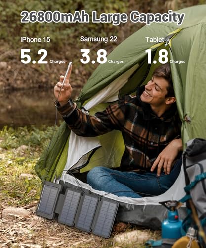 Chargeur Solaire 26800 mAh avec 4 Panneaux Solaires, Batterie Externe Solaire étanche avec Charge Rapide USB-C 18W pour Téléphones Portables, Tablettes, Ordinateurs. – Image 4