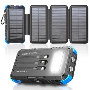 Chargeur Solaire 26800mAh avec 4 Panneaux Solaires, USB C 15 W Charge Rapide, 5 Sorties et 3 Câbles, Batterie Externe Solaire pour l'extérieur avec Mousqueton et Lampes de Poche pour Téléphones