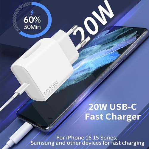 Chargeur USB C 20W, 2-Pack Prise USB C Chargeur Rapide avec 2x2m Câble USBC,Chargeur USBC Rapide pour iPhone 16 15 Plus Pro Max Samsung Galaxy iPad Huawei Xiaomi,Prise USBC – Image 3