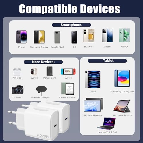 Chargeur USB C 20W, 2-Pack Prise USB C Chargeur Rapide avec 2x2m Câble USBC,Chargeur USBC Rapide pour iPhone 16 15 Plus Pro Max Samsung Galaxy iPad Huawei Xiaomi,Prise USBC – Image 7