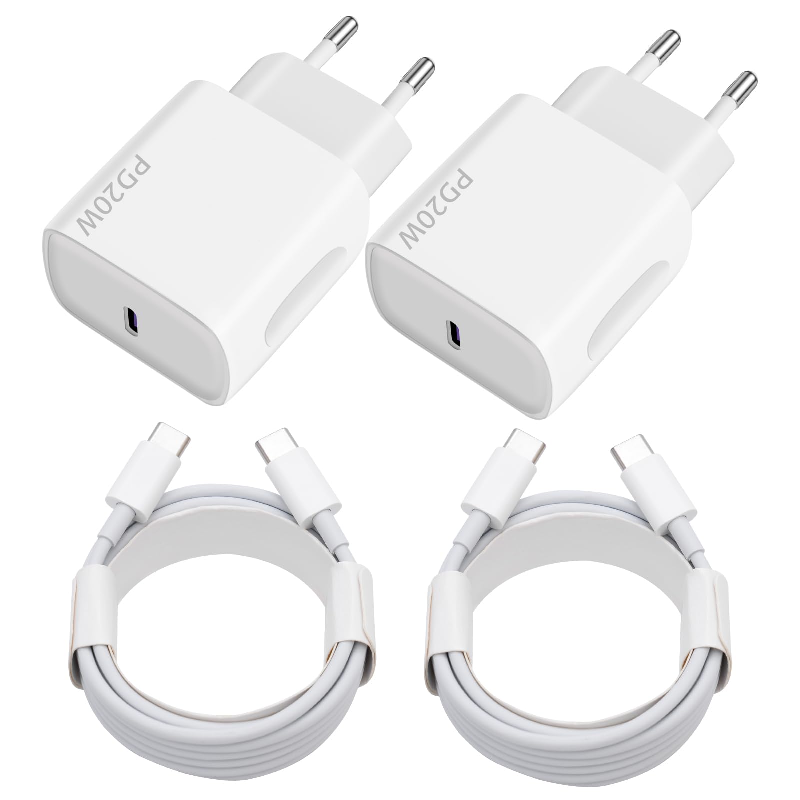 Chargeur USB C 20W, 2-Pack Prise USB C Chargeur Rapide avec 2x2m Câble USBC,Chargeur USBC Rapide pour iPhone 16 15 Plus Pro Max Samsung Galaxy iPad Huawei Xiaomi,Prise USBC