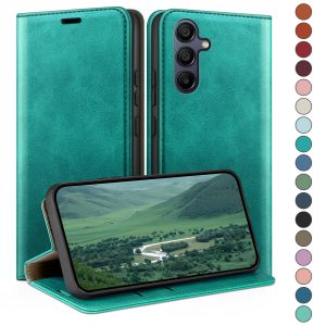 Coque pour Samsung Galaxy A25 5G avec RFID Blocage Etui à Rabat en Cuir de Premium,Fentes pour Cartes,Coques de Case,Cover à Rabat pour Samsung A25 Portefeuille Bleu Vert