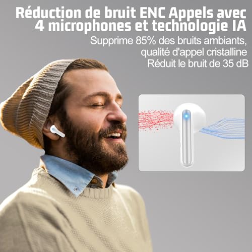 Ecouteurs Bluetooth sans Fil, Écouteurs sans Fil Bluetooth 5.4, 6 Micro ENC Anti Bruit, Basses Puissantes, 60H de Lecture, étanchéité IP5, Oreillette pour iphone Android (Perle) – Image 3