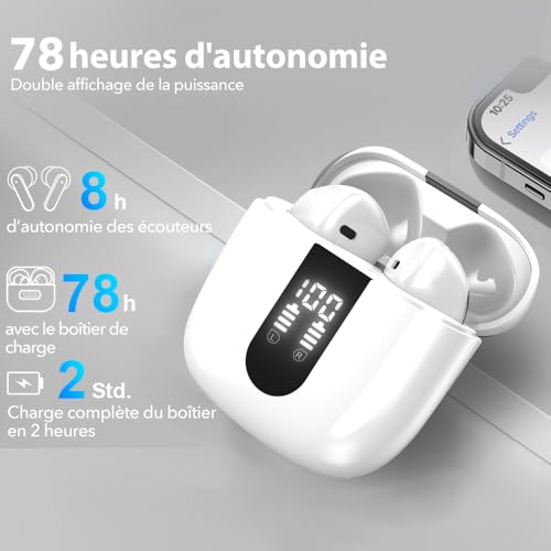 Ecouteurs Bluetooth sans Fil, Écouteurs sans Fil Bluetooth 5.4, 6 Micro ENC Anti Bruit, Basses Puissantes, 60H de Lecture, étanchéité IP5, Oreillette pour iphone Android (Perle) – Image 4