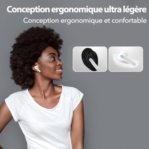 Ecouteurs Bluetooth sans Fil, Écouteurs sans Fil Bluetooth 5.4, 6 Micro ENC Anti Bruit, Basses Puissantes, 60H de Lecture, étanchéité IP5, Oreillette pour iphone Android (Perle) – Image 6
