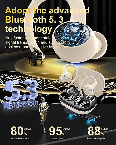 Ecouteurs Bluetooth sans Fil Sport, 2025 Headphones 5.4 HiFi Stéréo, Ecouteurs sans Fil avec ENC Mic, Ecouteur Pour Courir, IP7 Étanche Écouteur, 40H, Oreillette Sans Fil, Casque Écran LED, Beige – Image 4