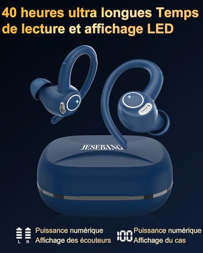 Ecouteurs Bluetooth sans Fil Sport, 2025 Headphones 5.4 HiFi Stéréo, Ecouteurs sans Fil avec ENC Mic, Ecouteur Pour Courir, IP7 Étanche Écouteur, 40H, Oreillette Sans Fil, Casque Écran LED, Bleu – Image 7