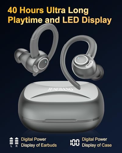 Ecouteurs Bluetooth sans Fil Sport, 2025 Headphones 5.4 HiFi Stéréo, Ecouteurs sans Fil avec ENC Mic, Ecouteur Pour Courir, IP7 Étanche Écouteur, 40H, Oreillette Sans Fil, Casque Écran LED, Gris – Image 6