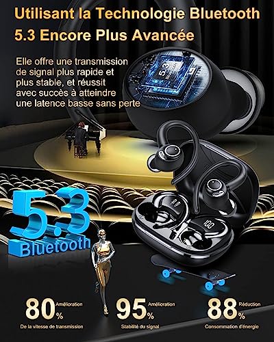 Ecouteurs Bluetooth sans Fil Sport, 2025 Headphones 5.4 HiFi Stéréo, Ecouteurs sans Fil avec ENC Mic, Ecouteur Pour Courir, IP7 Étanche Écouteur, 40H, Oreillette Sans Fil, Casque Écran LED, Noir – Image 5