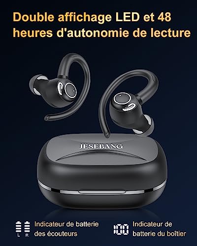 Ecouteurs Bluetooth sans Fil Sport, 2025 Headphones 5.4 HiFi Stéréo, Ecouteurs sans Fil avec ENC Mic, Ecouteur Pour Courir, IP7 Étanche Écouteur, 40H, Oreillette Sans Fil, Casque Écran LED, Noir – Image 6