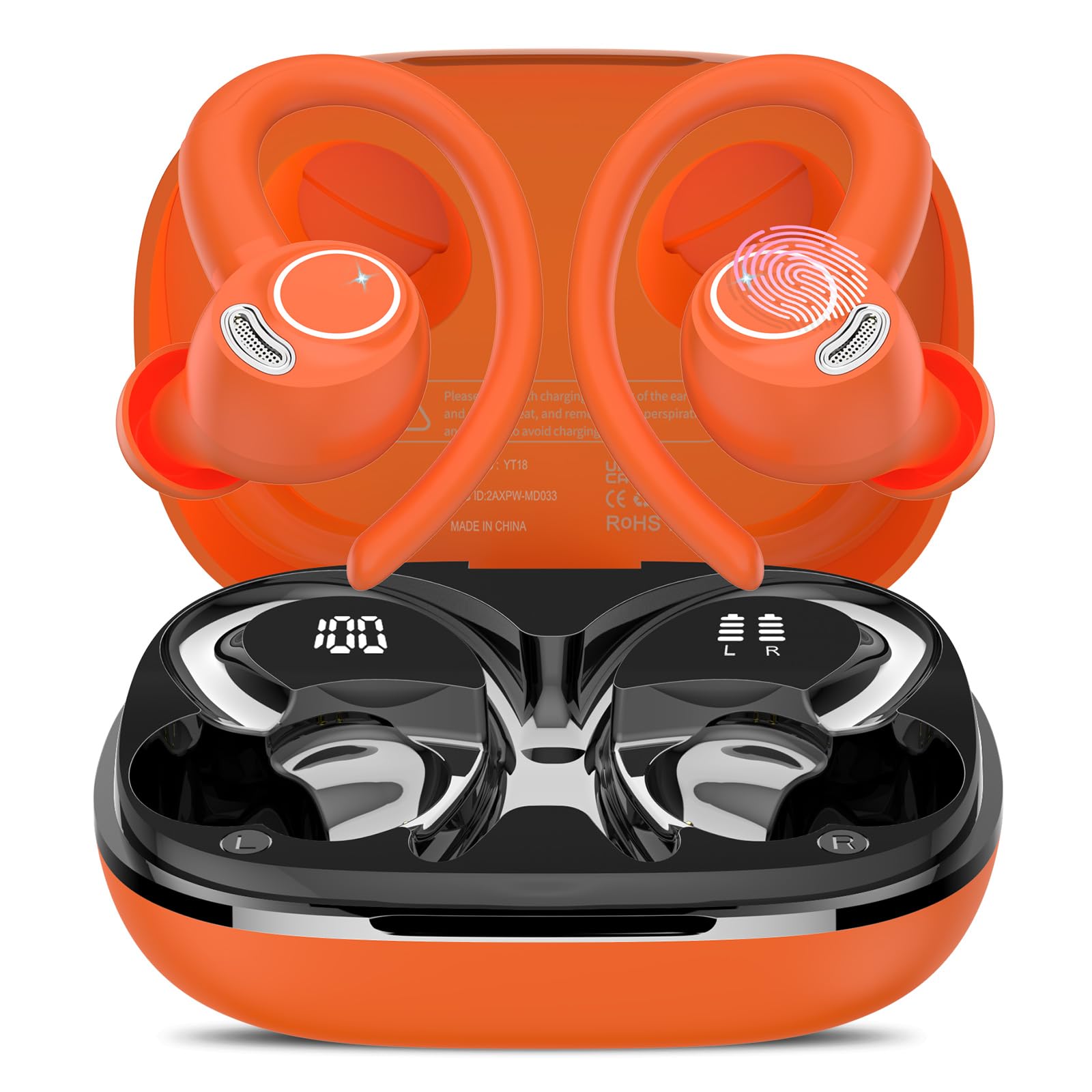 Ecouteurs Bluetooth sans Fil Sport, 2025 Headphones 5.4 HiFi Stéréo, Ecouteurs sans Fil avec ENC Mic, Ecouteur Pour Courir, IP7 Étanche Écouteur, 40H, Oreillette Sans Fil, Casque Écran LED, Orange