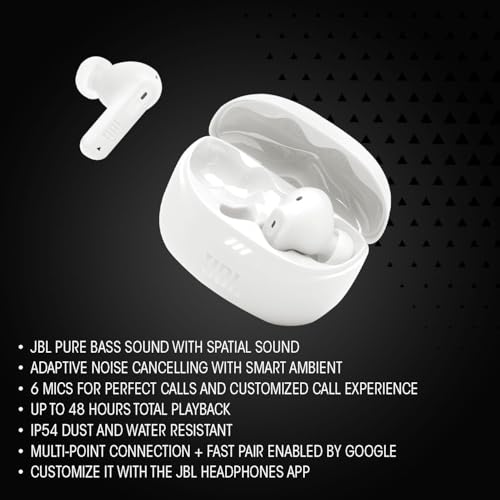 JBL Tune Beam 2, Écouteurs sans Fil Bluetooth, réduction de Bruit, 48 Heures d'autonomie, résistance à l'eau et à la poussière IP54, Connexion multipoint, Conception Intra sur Tige, Noir – Image 3