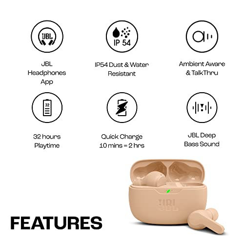 JBL Wave Beam, Écouteurs Intra-Auriculaires sans Fil, Résistance à l'Eau IP54 et IPX2, Appels Mains Libres et Batterie à Autonomie de 32 heures, en Beige – Image 3