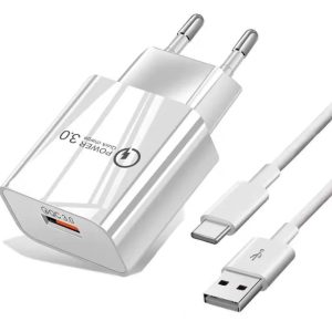 Kit de Chargement - 18W-5V-3A, Chargeur Rapide USB-C avec câble de Chargement de 1.2 M, pour Chargeur de câble de Chargement Rapide de téléphone Portable Android.(Blanc).