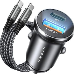 LISEN Chargeur Voiture USB C 54W+60W C-C Câble, Charger Allume Cigare USB C Rapide, Prise Allume Cigare 12V, Adaptateur Voiture Idéal avec iPhone Air 17 Pro Max 16 Galaxy S25 Ordinateur Portable