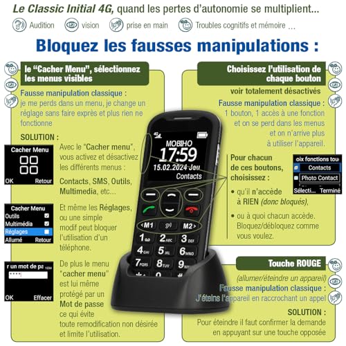 MOBIHO ESSENTIEL NOUV 04/2024 - Le Classic Initial désormais en 4G : dépendance, Perte d'autonomie. Stop ERREURS MANIP et appels pub, SOS, Alerte Bat Faible, Main Libre Auto, Photo-Contact... – Image 4