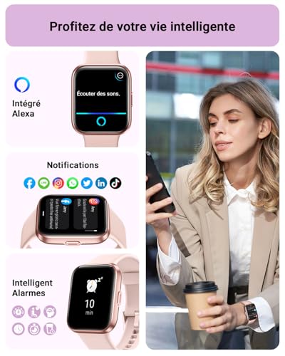 Montre Connectée Femme, 1,85" Homme Smartwatch pour Samsung iPhone Android, Alexa intégrée 3ATM 100+ Modes Sportifs Moniteur de SpO2/Sommeil/Fréquence Cardiaque/Podometre/Calories Rose – Image 4